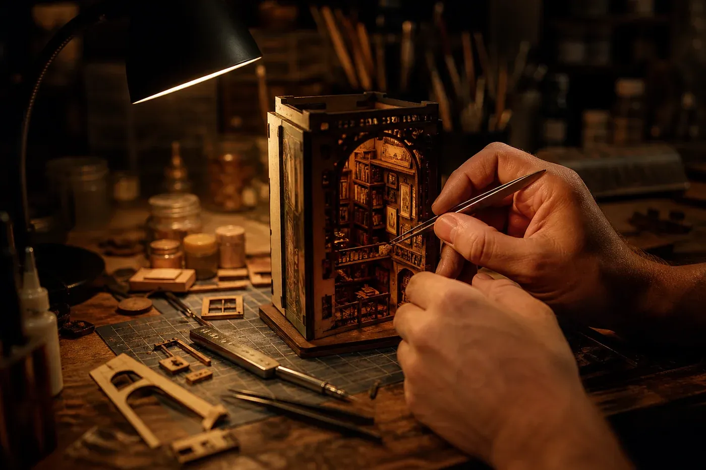 L'atelier de L'Entre-Pages : établi avec book nooks en cours de montage