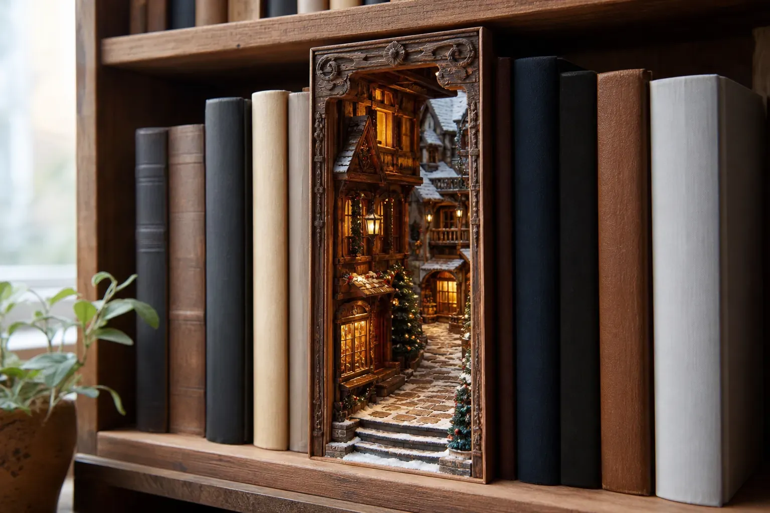 Illustration de l'article : Book nook de Noël : choisir, monter et illuminer sa miniature