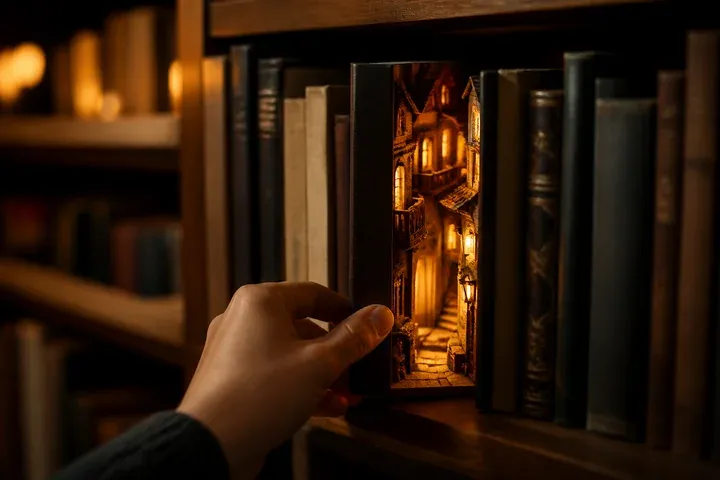Étape 4 : le book nook terminé glissé entre les livres d'une étagère
