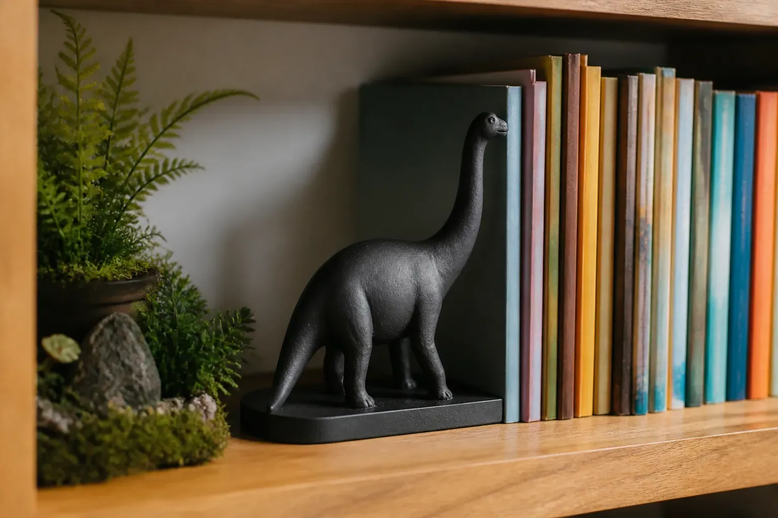 Illustration de l'article : Le serre-livre dinosaure qui stabilise et décore vos étagères