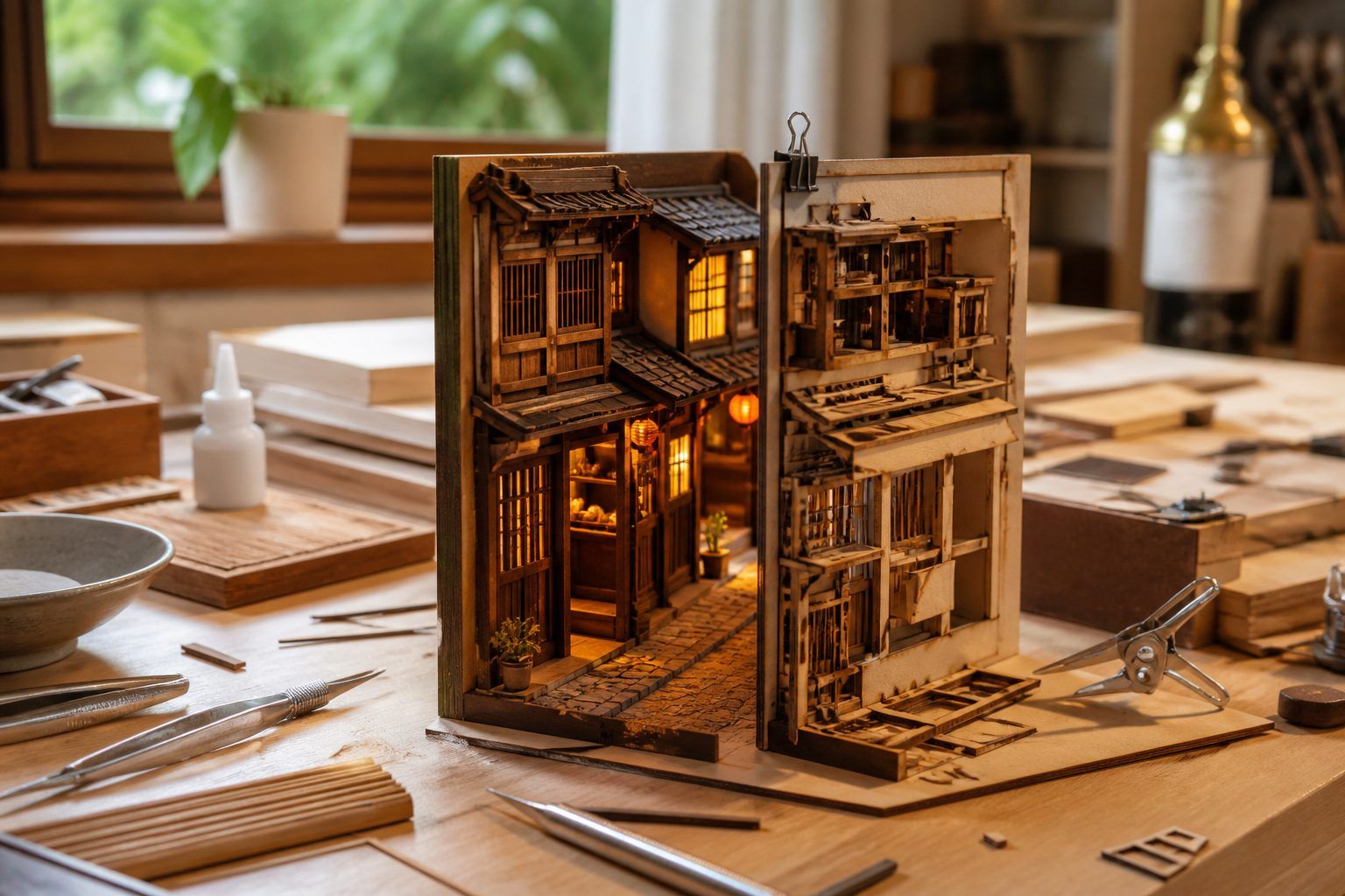 Maquette serre-livres en bois : difficulté, éclairage et budget